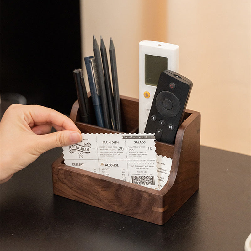 Black Walnut Wood Desktop Organizer, Multi‑Slot Remote Control Holder Pen Caddy for Office Home Desk Storage