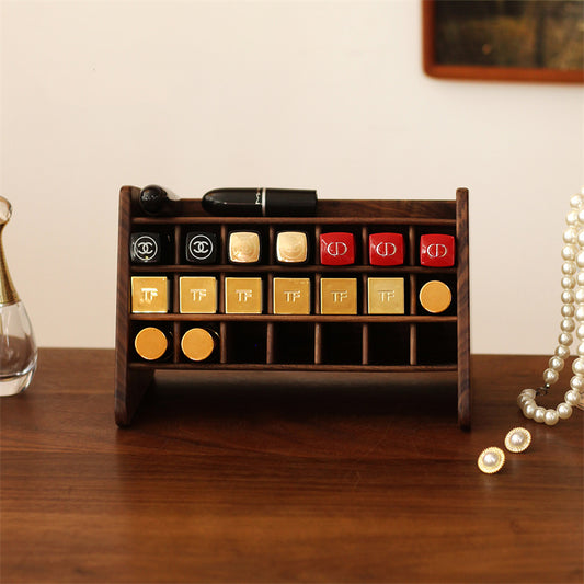 Black Walnut Wood Lipstick Organizer, Multi - Grid Cosmetic Storage Rack for Lipsticks and Makeup