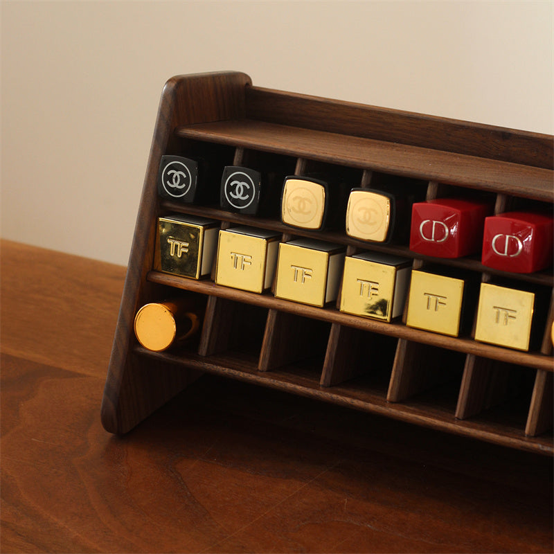 Black Walnut Wood Lipstick Organizer, Multi - Grid Cosmetic Storage Rack for Lipsticks and Makeup