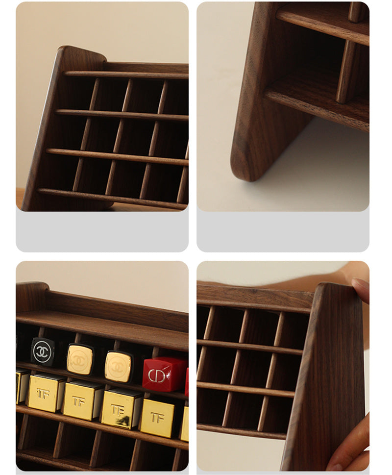 Black Walnut Wood Lipstick Organizer, Multi - Grid Cosmetic Storage Rack for Lipsticks and Makeup