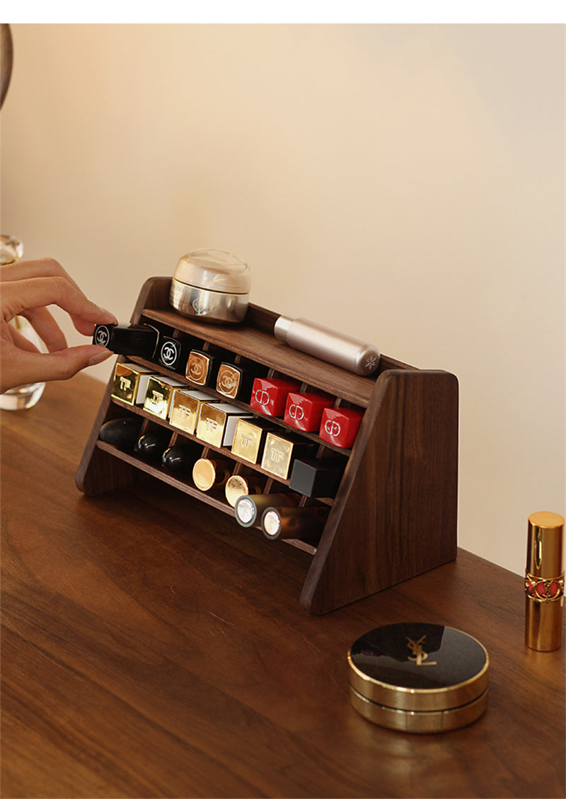 Black Walnut Wood Lipstick Organizer, Multi - Grid Cosmetic Storage Rack for Lipsticks and Makeup