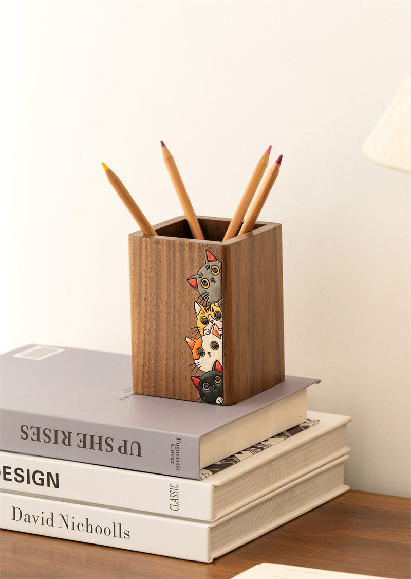 Black Walnut Wood Pen Holder, Hand‑Carved Cute Cat Pattern Square Desktop Organization  for Office Desk Decor