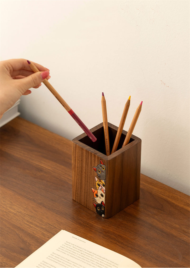 Black Walnut Wood Pen Holder, Hand‑Carved Cute Cat Pattern Square Desktop Organization  for Office Desk Decor