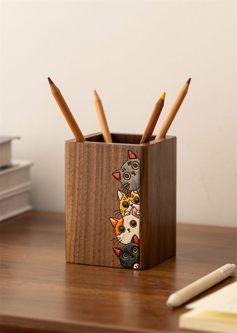 Black Walnut Wood Pen Holder, Hand‑Carved Cute Cat Pattern Square Desktop Organization  for Office Desk Decor