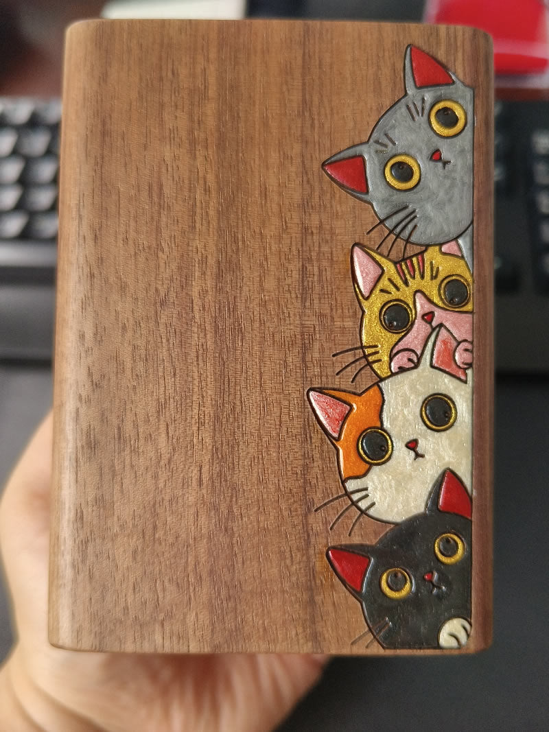 Black Walnut Wood Pen Holder, Hand‑Carved Cute Cat Pattern Square Desktop Organization  for Office Desk Decor