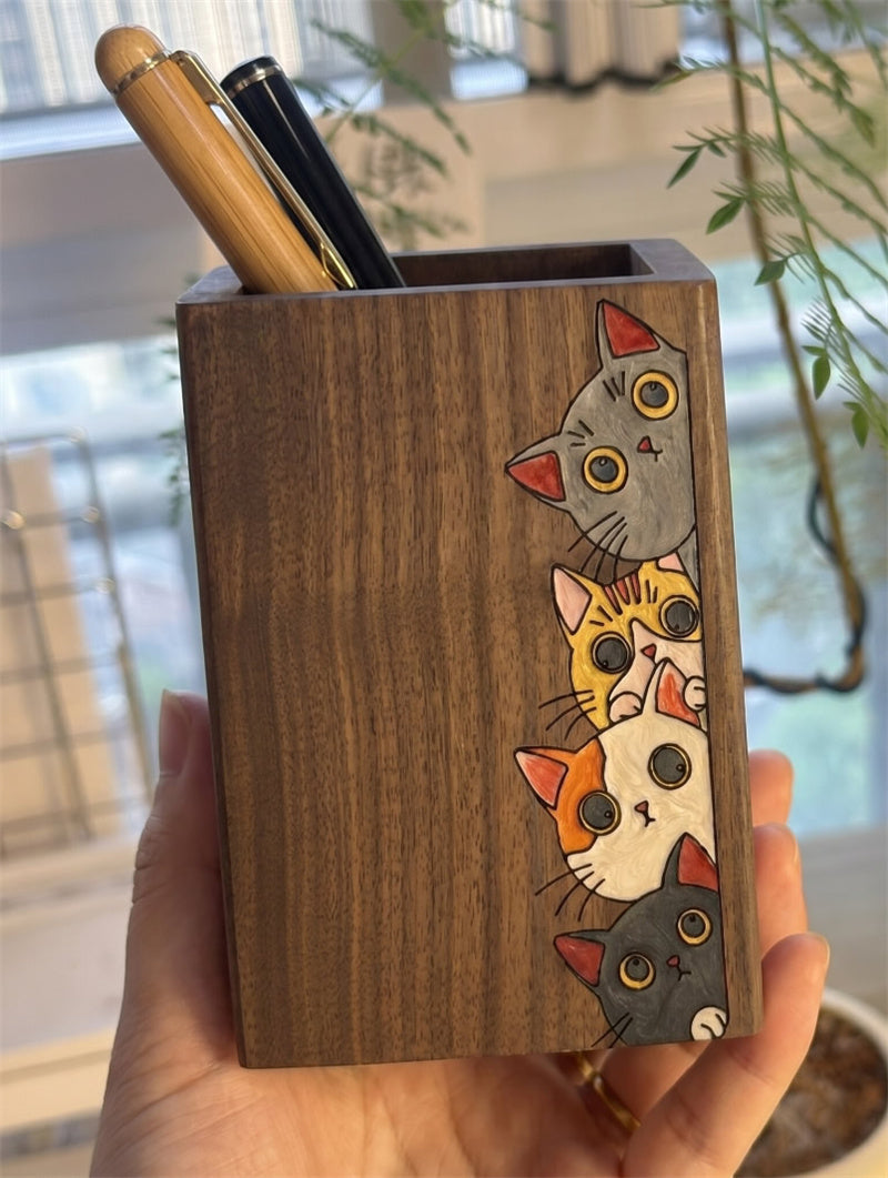 Black Walnut Wood Pen Holder, Hand‑Carved Cute Cat Pattern Square Desktop Organization  for Office Desk Decor