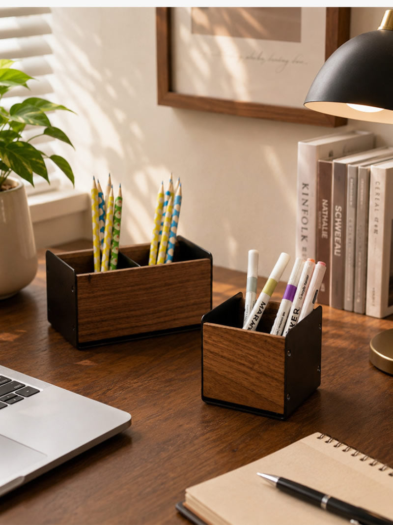 Black Walnut Wood Pen Holder, Industrial Desktop Organizer with Divided Compartments, Minimalist Desk Storage for Office & Vanity