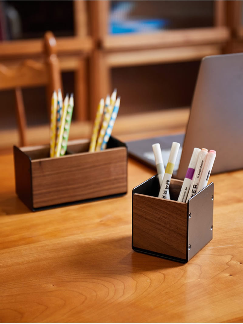 Black Walnut Wood Pen Holder, Industrial Desktop Organizer with Divided Compartments, Minimalist Desk Storage for Office & Vanity