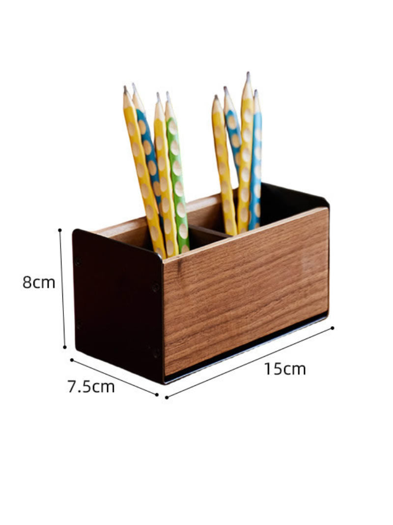 Black Walnut Wood Pen Holder, Industrial Desktop Organizer with Divided Compartments, Minimalist Desk Storage for Office & Vanity
