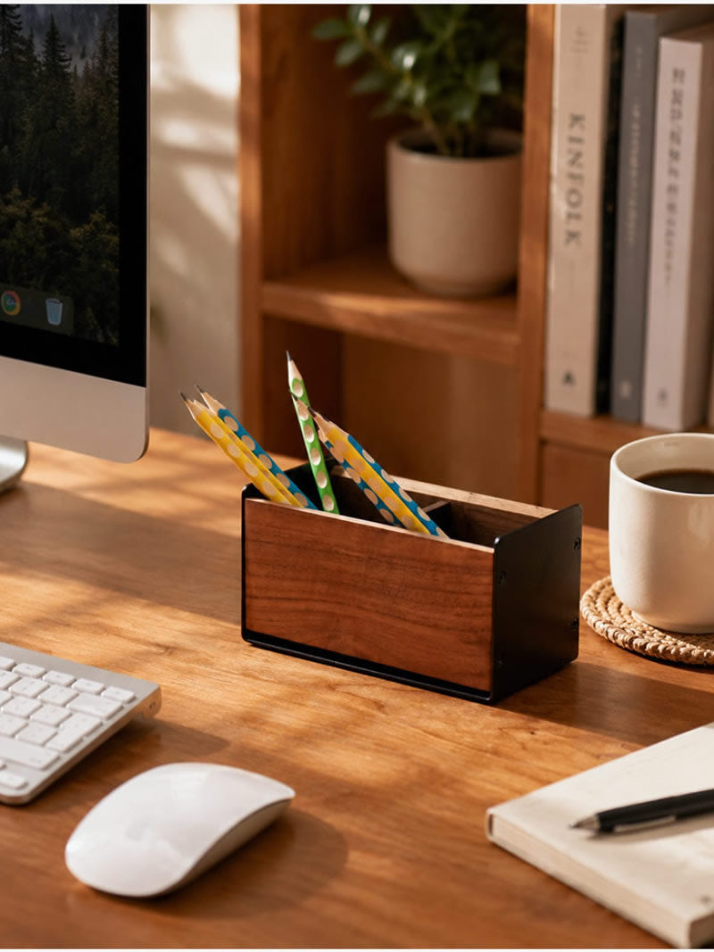 Black Walnut Wood Pen Holder, Industrial Desktop Organizer with Divided Compartments, Minimalist Desk Storage for Office & Vanity