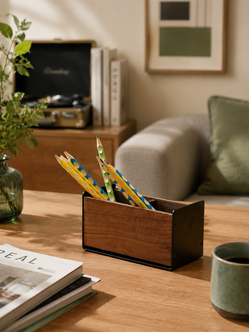 Black Walnut Wood Pen Holder, Industrial Desktop Organizer with Divided Compartments, Minimalist Desk Storage for Office & Vanity