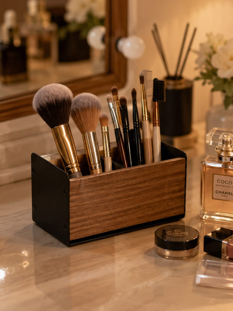 Black Walnut Wood Pen Holder, Industrial Desktop Organizer with Divided Compartments, Minimalist Desk Storage for Office & Vanity