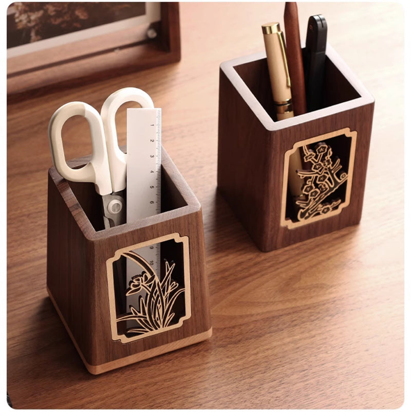 Black Walnut Wood Pen Holder with Plum Blossom Carving, Creative Desk Organizer