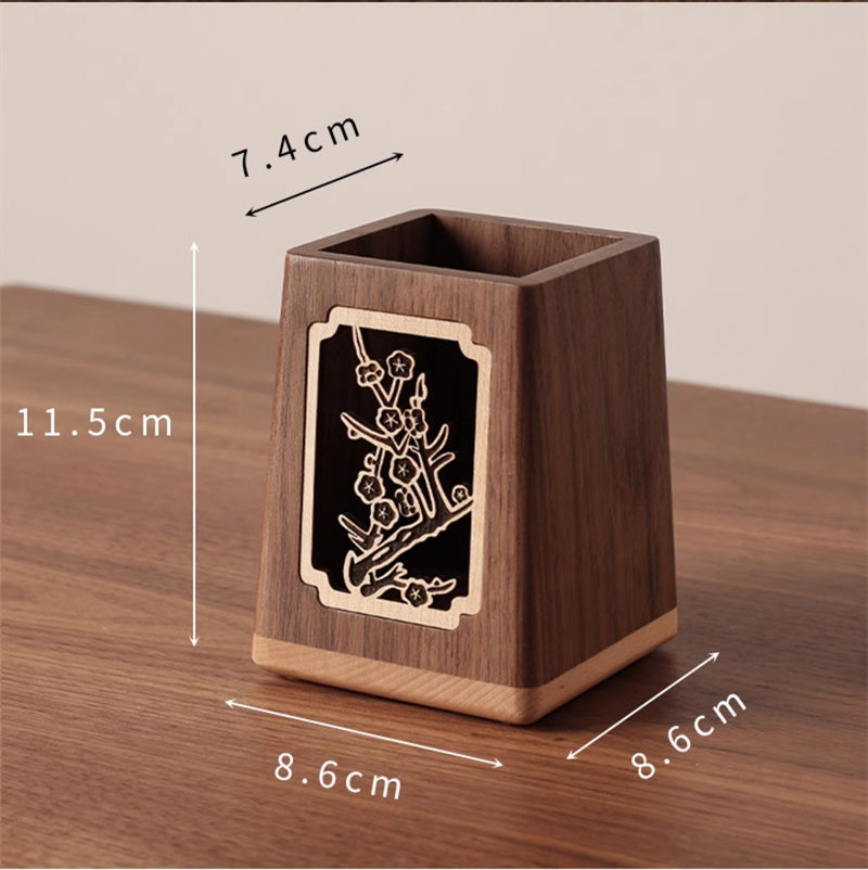 Black Walnut Wood Pen Holder with Plum Blossom Carving, Creative Desk Organizer