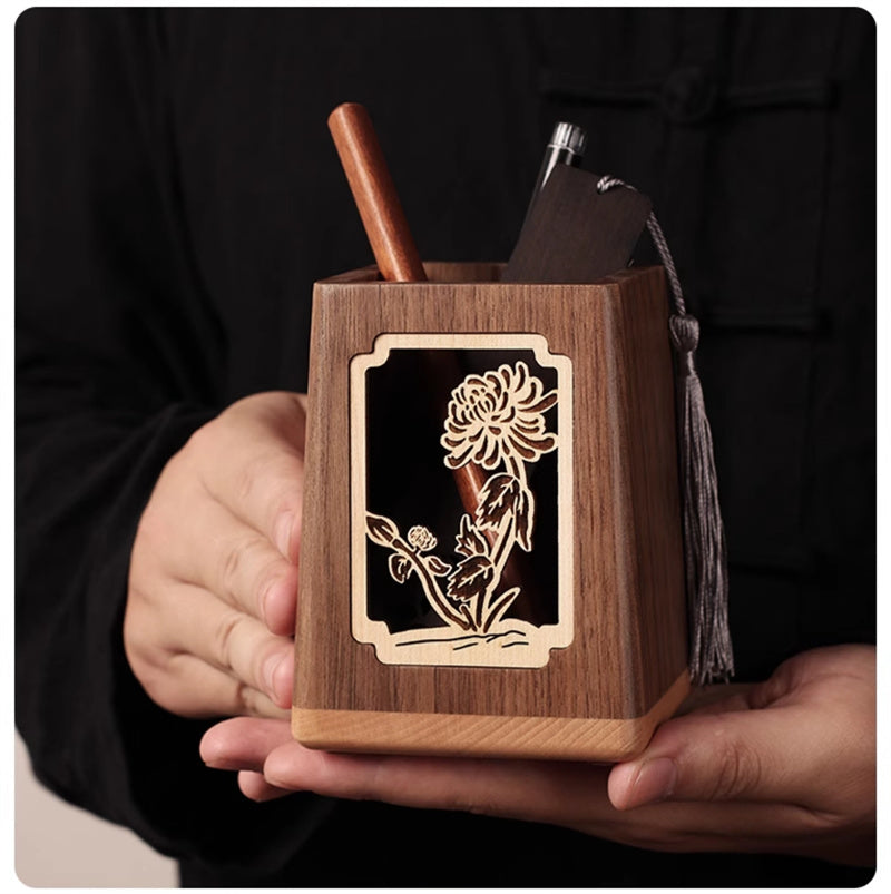 Black Walnut Wood Pen Holder with Plum Blossom Carving, Creative Desk Organizer