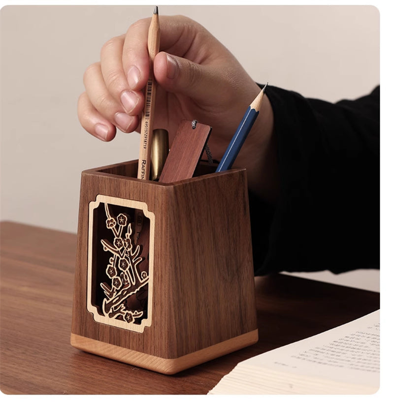 Black Walnut Wood Pen Holder with Plum Blossom Carving, Creative Desk Organizer