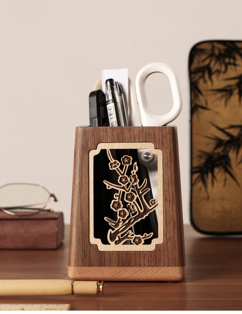 Black Walnut Wood Pen Holder with Plum Blossom Carving, Creative Desk Organizer