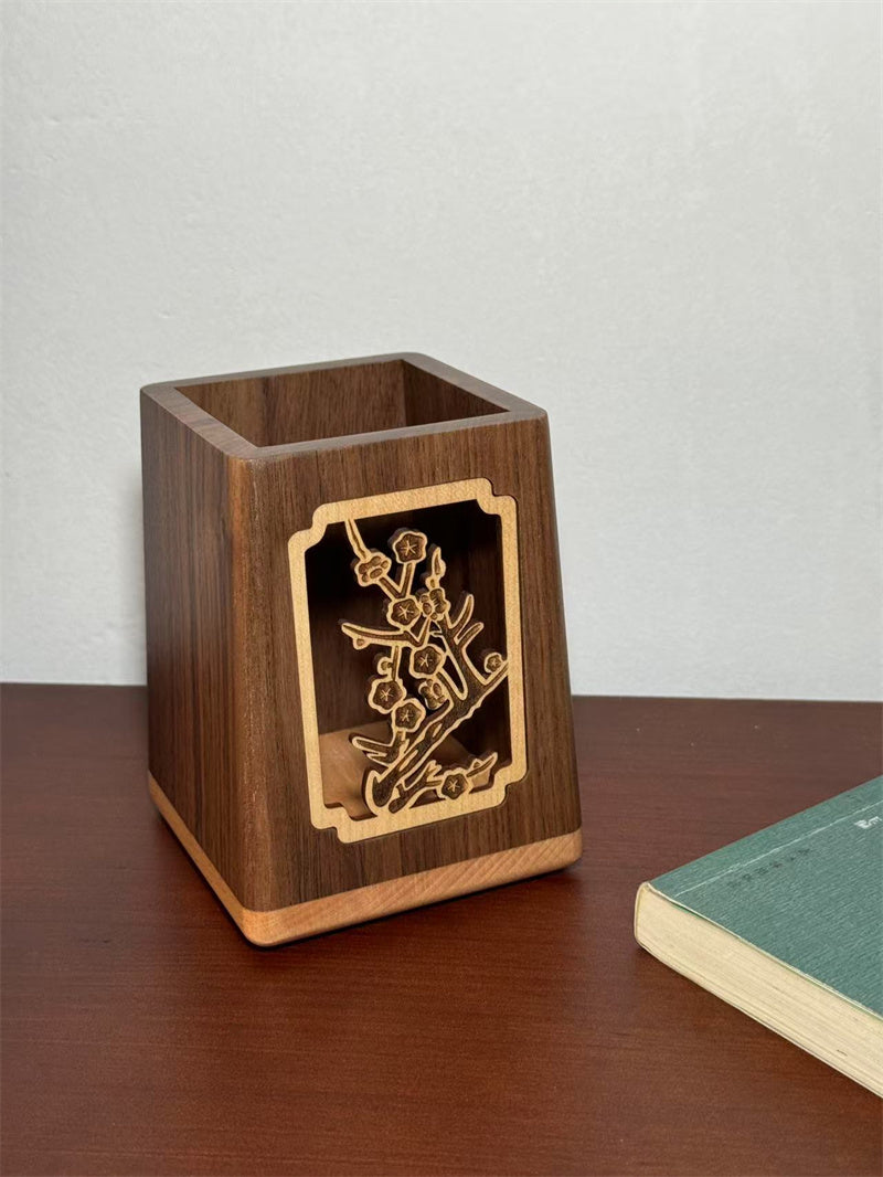 Black Walnut Wood Pen Holder with Plum Blossom Carving, Creative Desk Organizer