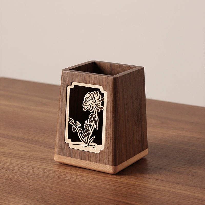Black Walnut Wood Pen Holder with Plum Blossom Carving, Creative Desk Organizer