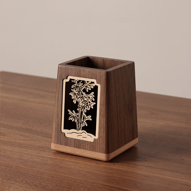 Black Walnut Wood Pen Holder with Plum Blossom Carving, Creative Desk Organizer