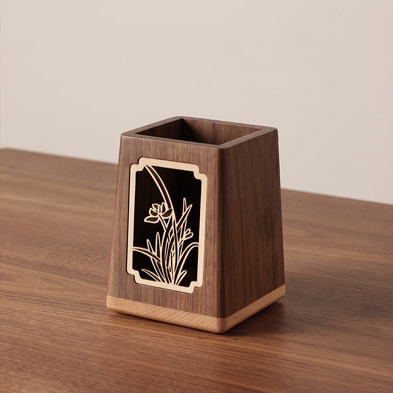 Black Walnut Wood Pen Holder with Plum Blossom Carving, Creative Desk Organizer