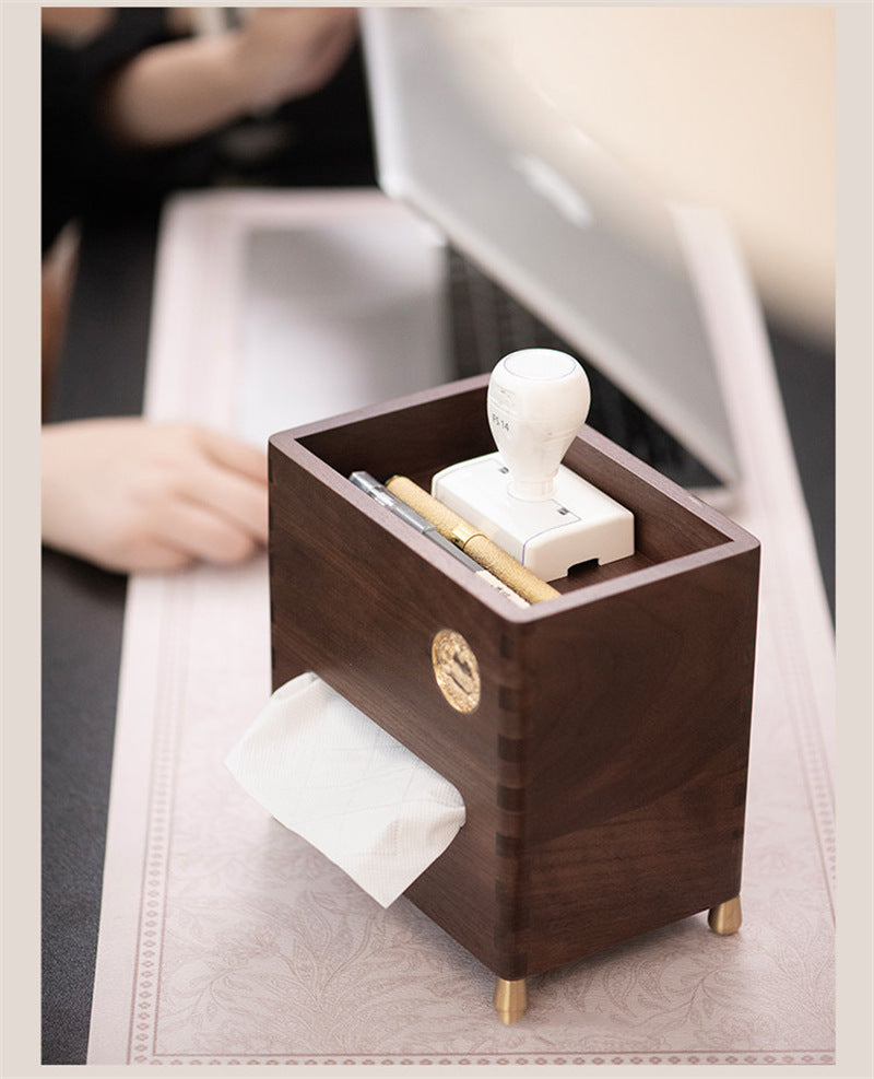 Black Walnut Wood Tissue Box - Desktop Organizer with Storage Compartment