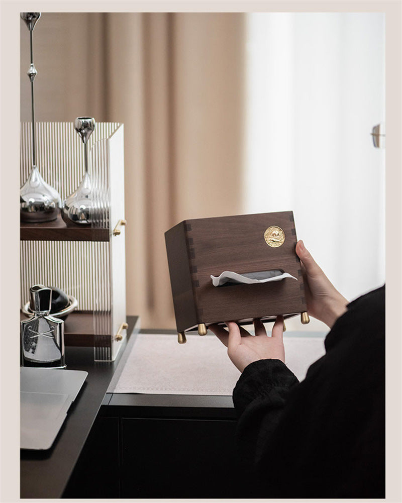Black Walnut Wood Tissue Box - Desktop Organizer with Storage Compartment