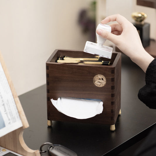 Black Walnut Wood Tissue Box - Desktop Organizer with Storage Compartment