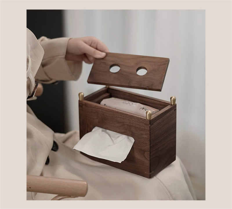 Black Walnut Wood Tissue Box - Desktop Organizer with Storage Compartment