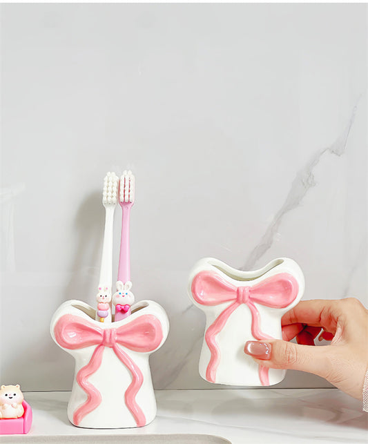 Blush Pink Bow Ceramic Organizer - Toothbrush holder & Pen Holder for Bathroom or Desk