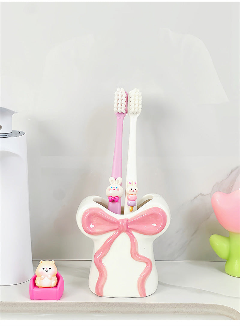 Blush Pink Bow Ceramic Organizer - Toothbrush holder & Pen Holder for Bathroom or Desk
