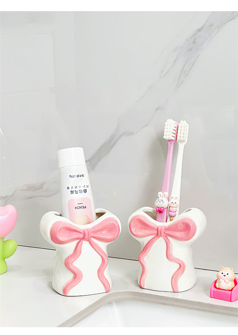 Blush Pink Bow Ceramic Organizer - Toothbrush holder & Pen Holder for Bathroom or Desk