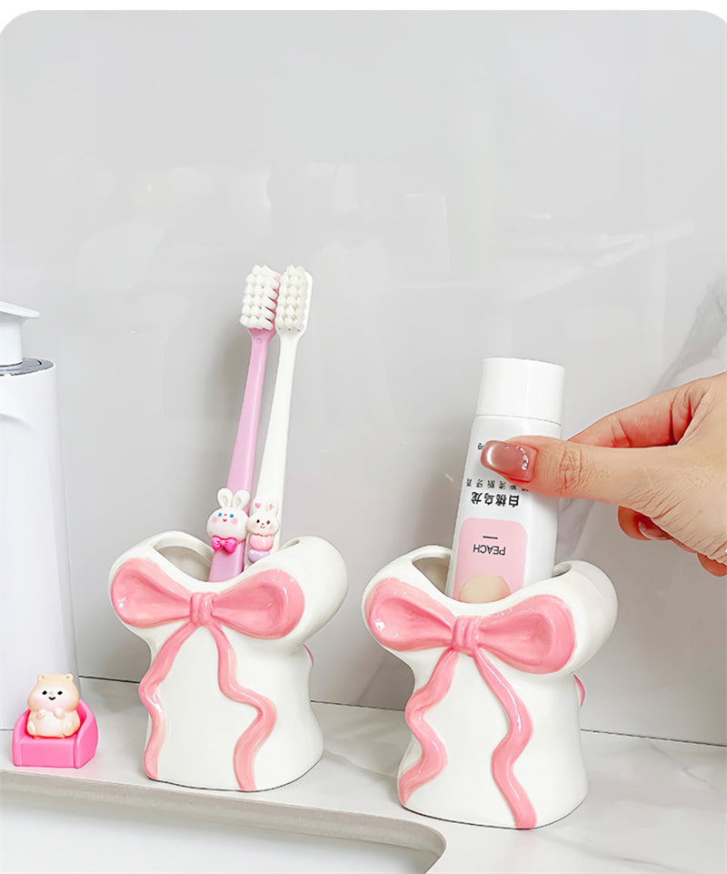 Blush Pink Bow Ceramic Organizer - Toothbrush holder & Pen Holder for Bathroom or Desk