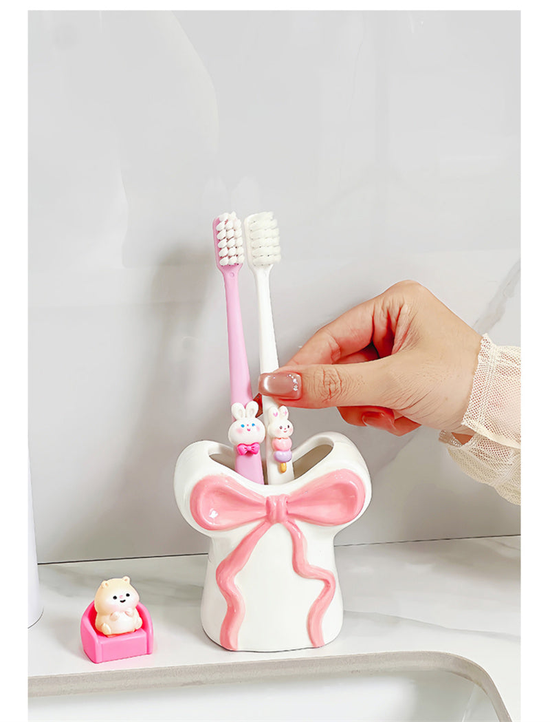 Blush Pink Bow Ceramic Organizer - Toothbrush holder & Pen Holder for Bathroom or Desk