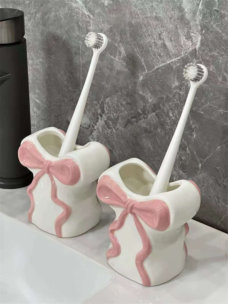 Blush Pink Bow Ceramic Organizer - Toothbrush holder & Pen Holder for Bathroom or Desk