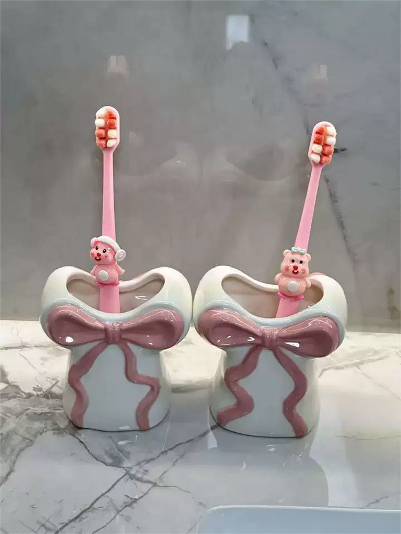 Blush Pink Bow Ceramic Organizer - Toothbrush holder & Pen Holder for Bathroom or Desk