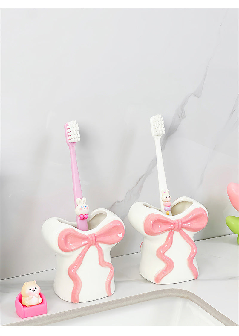 Blush Pink Bow Ceramic Organizer - Toothbrush holder & Pen Holder for Bathroom or Desk