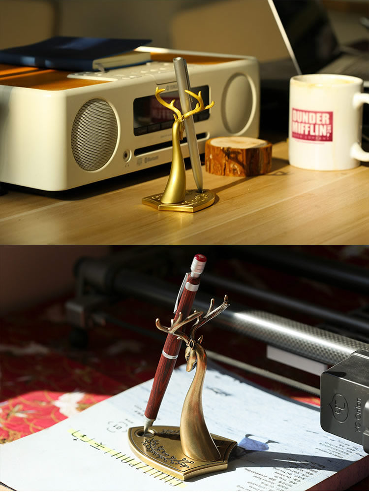 Brass Deer Head Pen Holder & Desktop Decor - Office Stationery Organizer