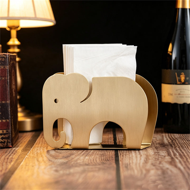 Brushed Brass Elephant Napkin Holder, Solid Golden Metal Tissue Dispenser,  Elegant Kitchen Bar Dining Table Decor