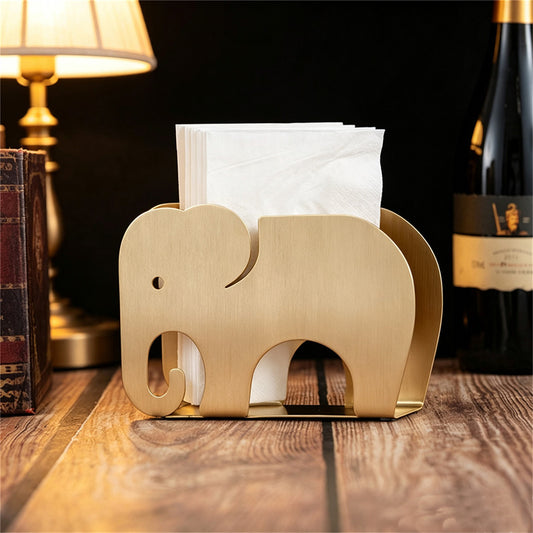 Brushed Brass Elephant Napkin Holder, Solid Golden Metal Tissue Dispenser,  Elegant Kitchen Bar Dining Table Decor