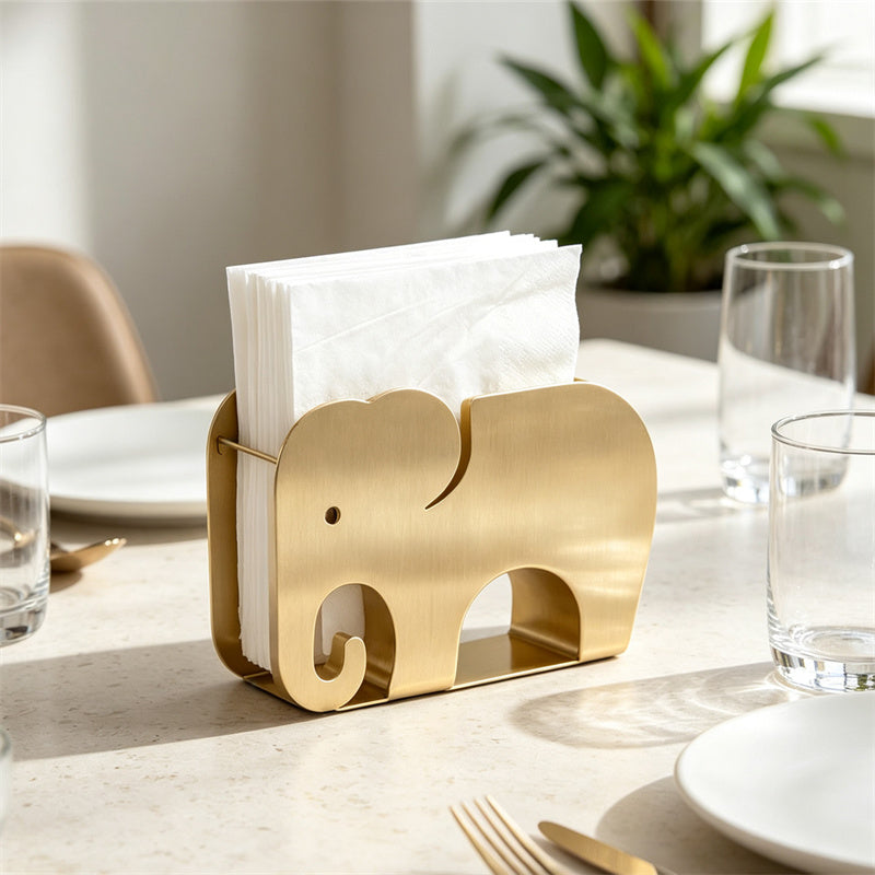 Brushed Brass Elephant Napkin Holder, Solid Golden Metal Tissue Dispenser,  Elegant Kitchen Bar Dining Table Decor