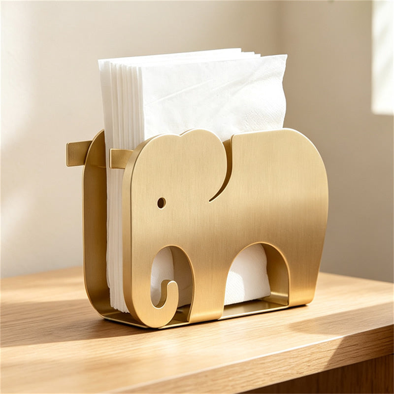 Brushed Brass Elephant Napkin Holder, Solid Golden Metal Tissue Dispenser,  Elegant Kitchen Bar Dining Table Decor