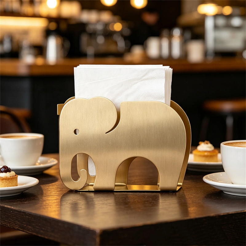 Brushed Brass Elephant Napkin Holder, Solid Golden Metal Tissue Dispenser,  Elegant Kitchen Bar Dining Table Decor