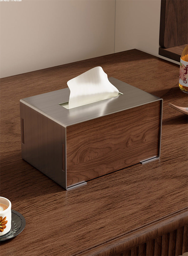 Brushed Stainless Steel & Walnut Wood Tissue Box , Minimalist Rectangular Napkin Dispenser, Tissue Holder for Coffee Table Bedroom Office, Luxury Home Decor Storage Box