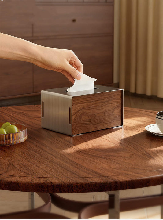 Brushed Stainless Steel & Walnut Wood Tissue Box , Minimalist Rectangular Napkin Dispenser, Tissue Holder for Coffee Table Bedroom Office, Luxury Home Decor Storage Box