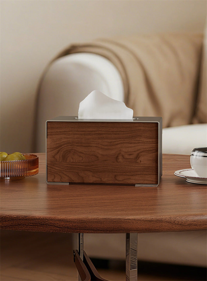 Brushed Stainless Steel & Walnut Wood Tissue Box , Minimalist Rectangular Napkin Dispenser, Tissue Holder for Coffee Table Bedroom Office, Luxury Home Decor Storage Box