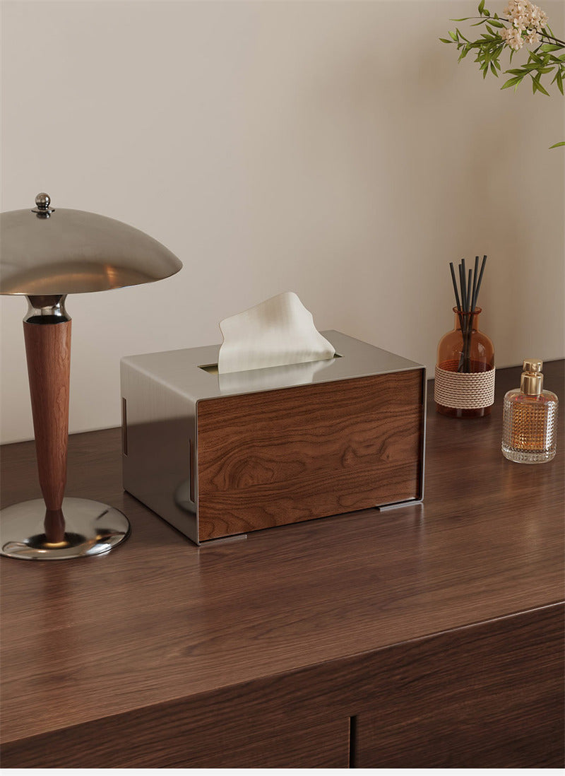 Brushed Stainless Steel & Walnut Wood Tissue Box , Minimalist Rectangular Napkin Dispenser, Tissue Holder for Coffee Table Bedroom Office, Luxury Home Decor Storage Box