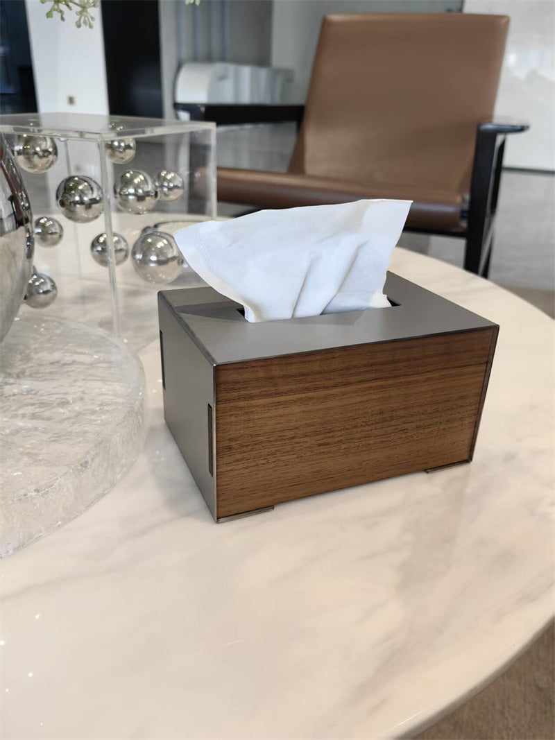Brushed Stainless Steel & Walnut Wood Tissue Box , Minimalist Rectangular Napkin Dispenser, Tissue Holder for Coffee Table Bedroom Office, Luxury Home Decor Storage Box