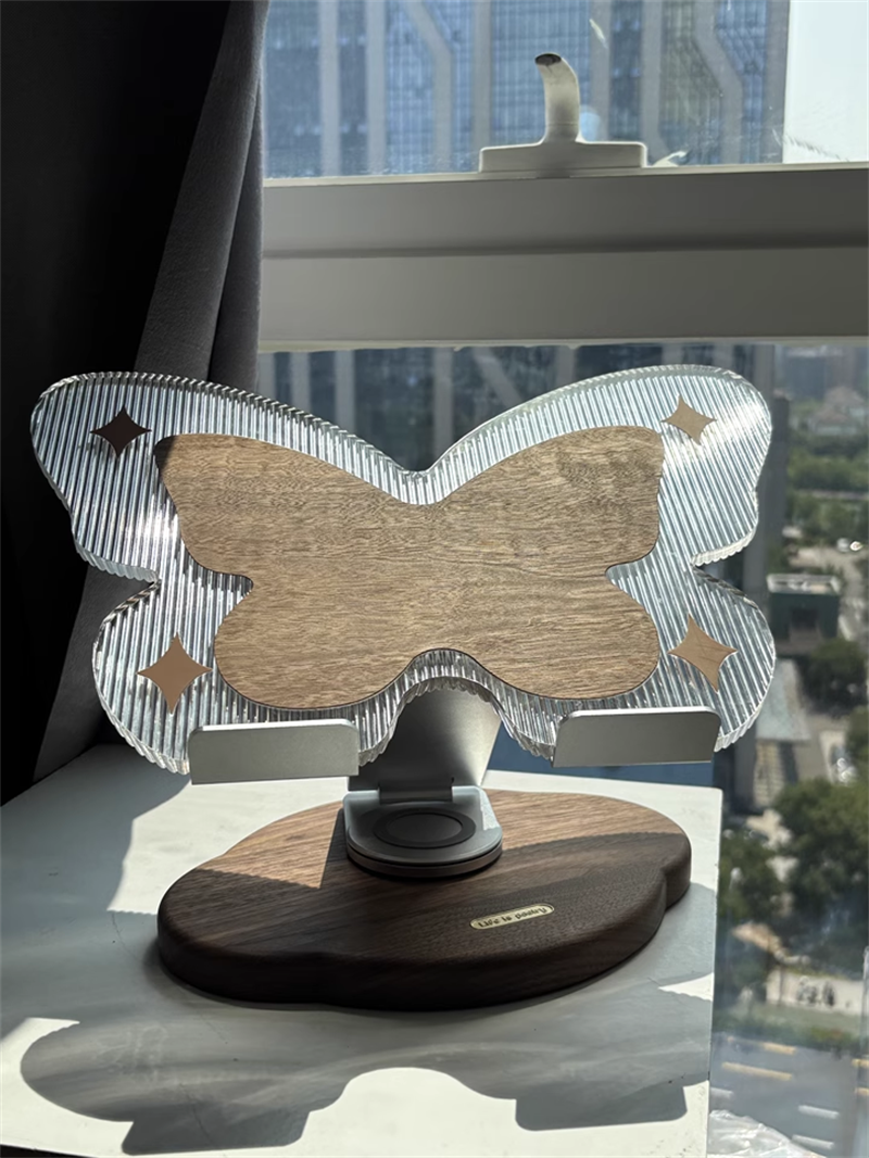 Butterfly - Shaped Device Stand, Acrylic & Wood Desktop Organizer for Tablets and Laptops