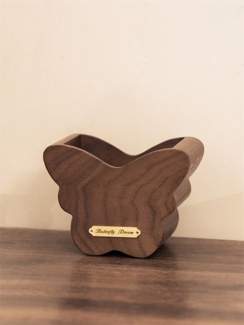 Butterfly Solid Walnut Wooden Makeup Brush Organizer & Desk Pen Holder, Aesthetic Vanity Desktop Storage Decor for Bathroom Office